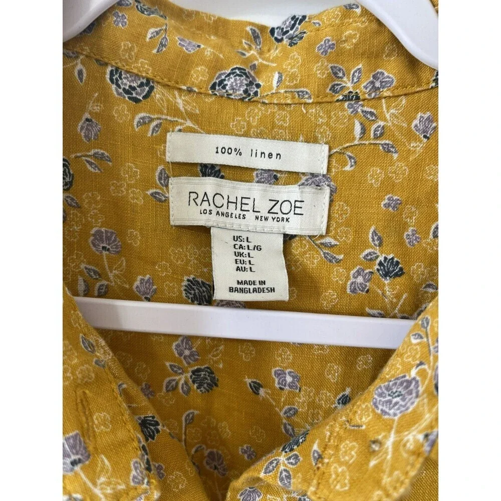 Rachel Zoe Golden Yellow Floral Button Shirt L100% Linen Boho Cottagecore NWOT